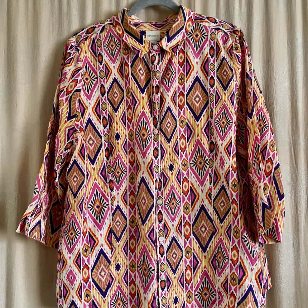 Chico's colorful linen geometric prin blouse, size 3